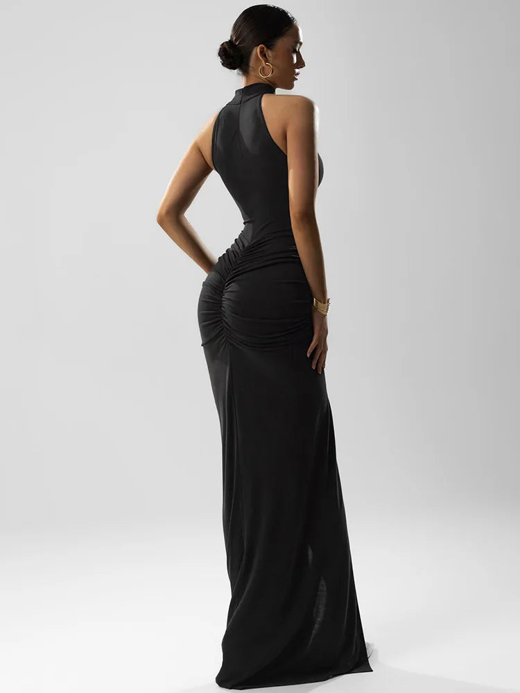 Halter Ruched Sleeveless Maxi Dress for Women – High Waist Split Evening Gown