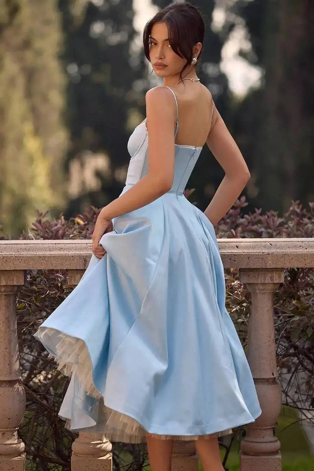 Satin Strapless Midi Dress for Women – Waist Cinching Party Dress