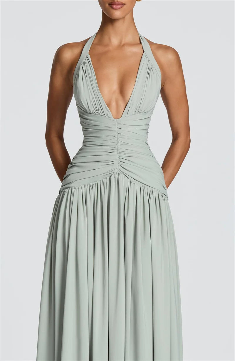 Halter V-Neck Pleated Maxi Dress for Women – Off-Shoulder High Split Evening Gown