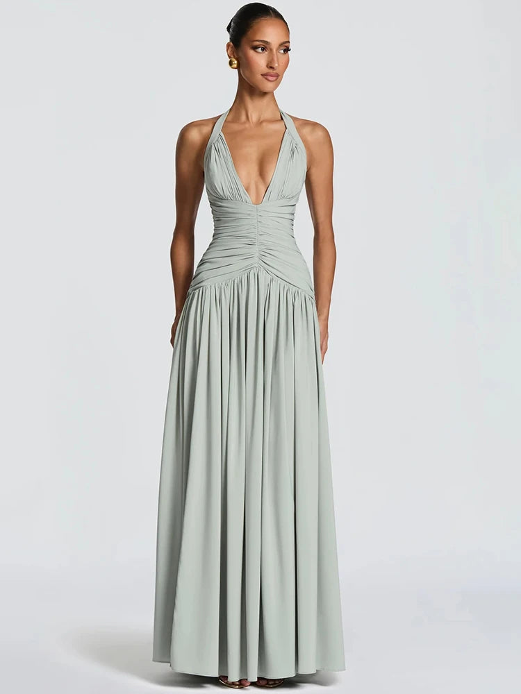 Halter V-Neck Pleated Maxi Dress for Women – Off-Shoulder High Split Evening Gown