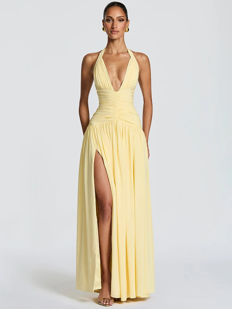 Halter V-Neck Pleated Maxi Dress for Women – Off-Shoulder High Split Evening Gown