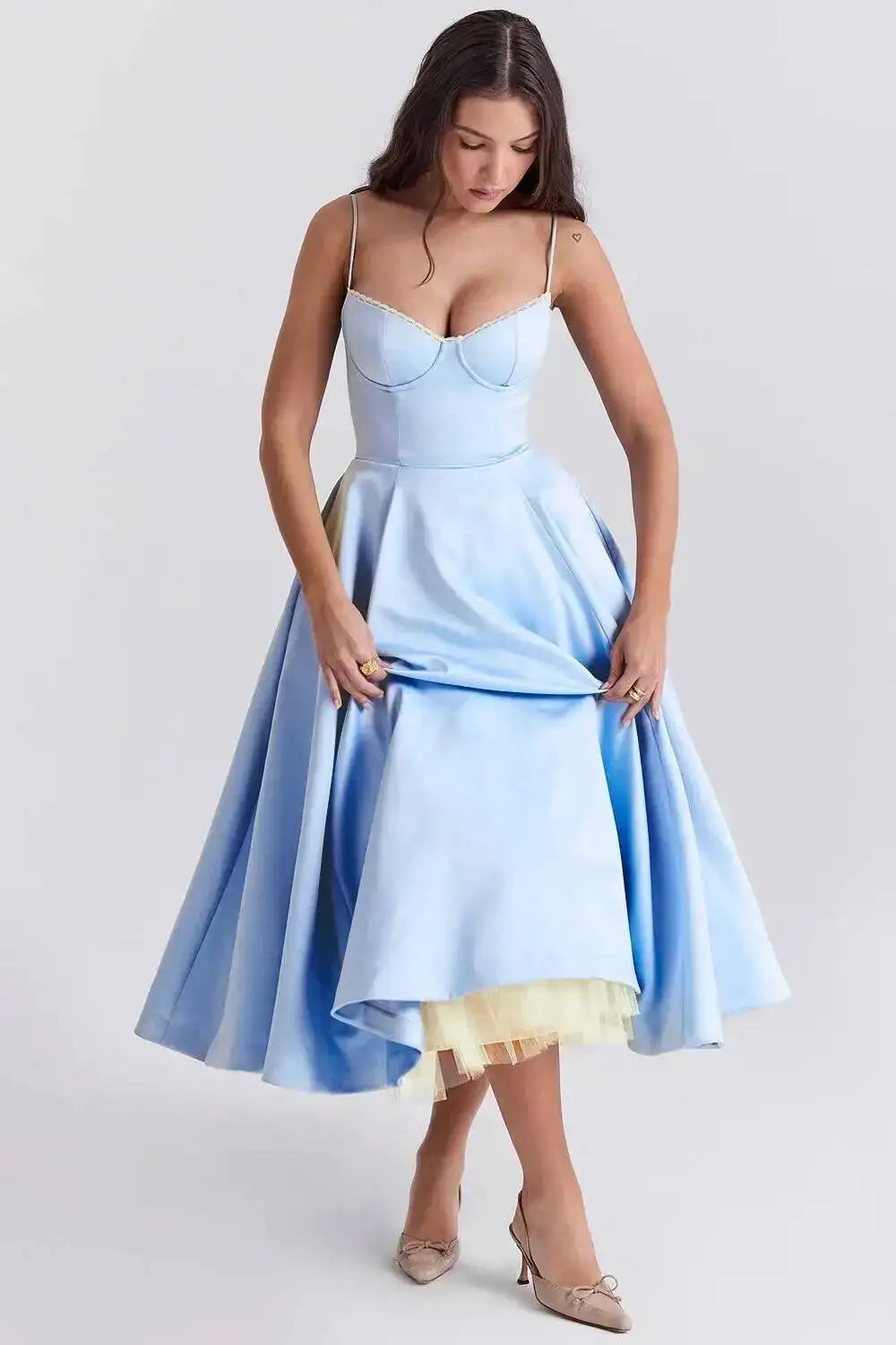 Satin Strapless Midi Dress for Women – Waist Cinching Party Dress