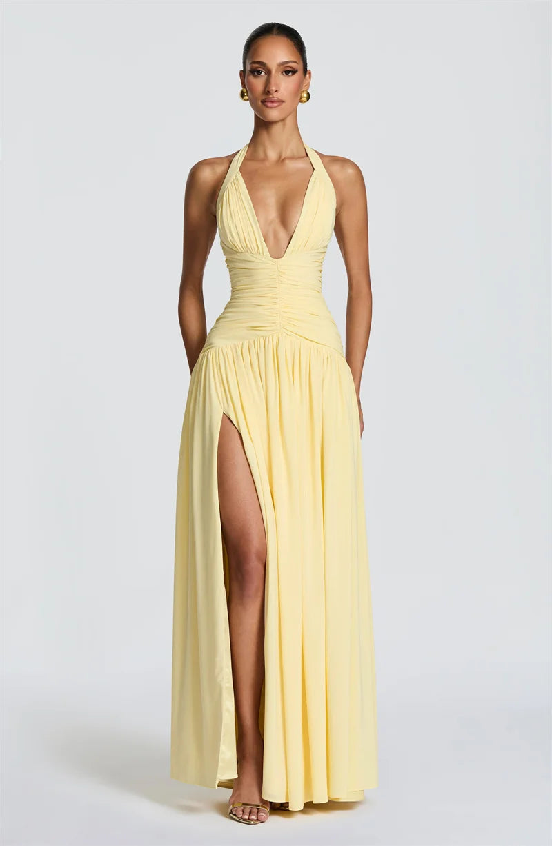 Halter V-Neck Pleated Maxi Dress for Women – Off-Shoulder High Split Evening Gown