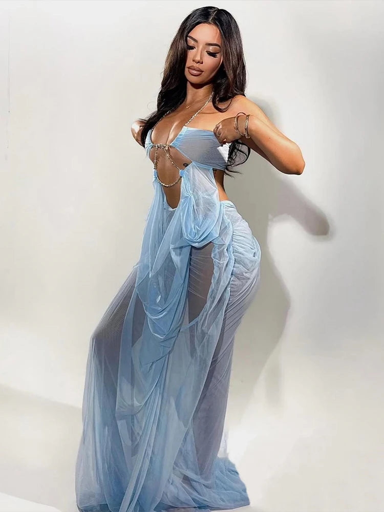 Chain Halter Backless Mini Dress for Women – Sheer Bodycon Party Dress