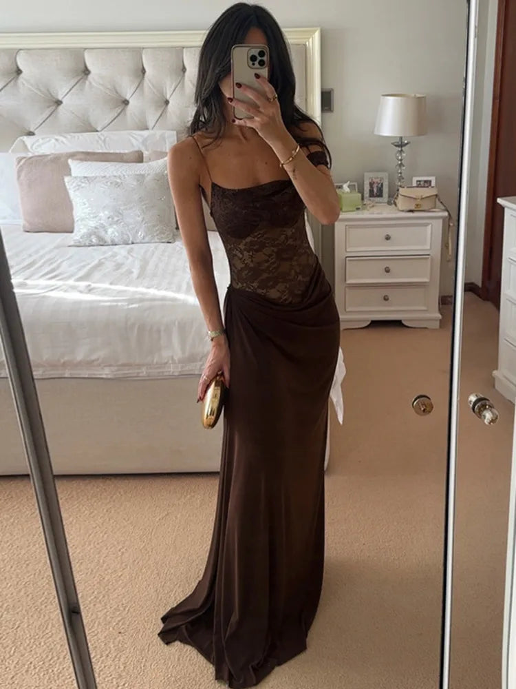 One Shoulder Lace Maxi Dress for Women – Backless Sleeveless Evening Gown