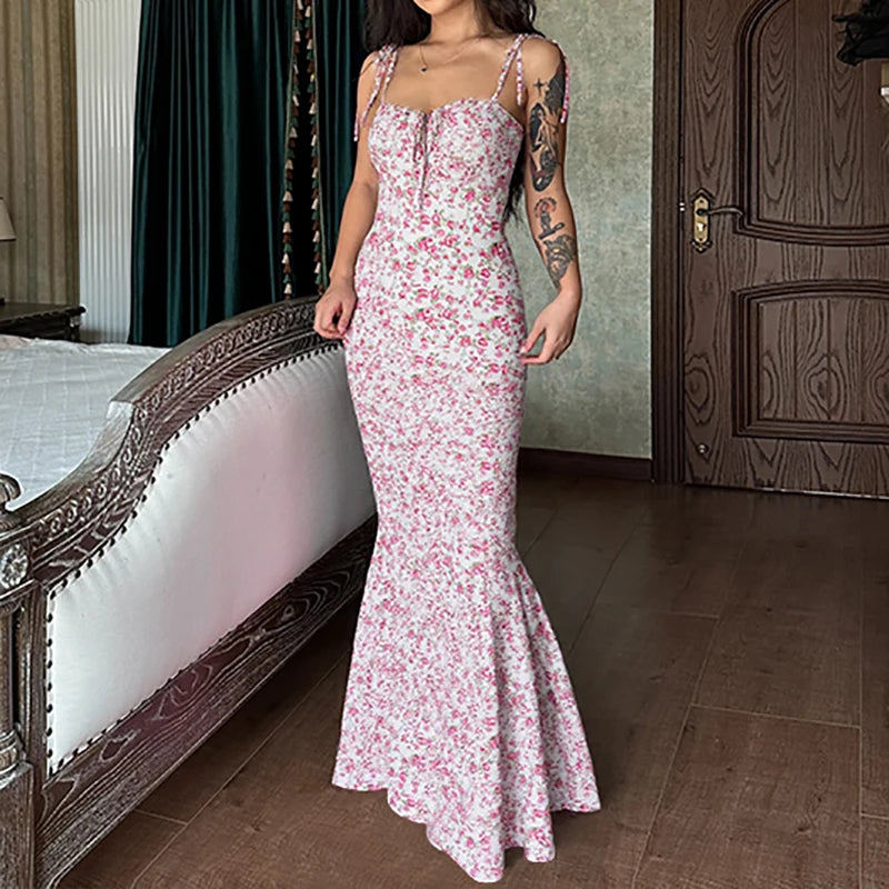 Floral Lace-Up Backless Maxi Dress for Women – Spaghetti Strap Knit Beach Dress