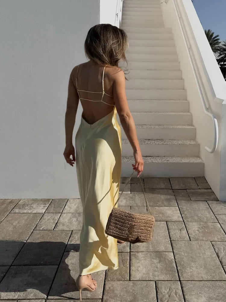 Satin Backless Maxi Dress for Women – V-Neck Slip Evening Gown – Yellow