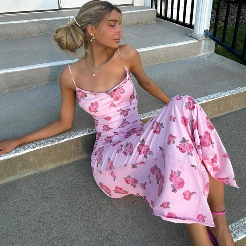 Floral Spaghetti Strap Bodycon Maxi Dress for Women – Backless Y2K Club Dress