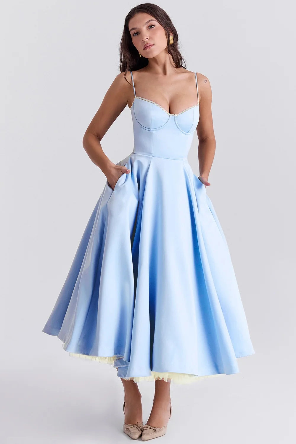 Satin Strapless Midi Dress for Women – Waist Cinching Party Dress