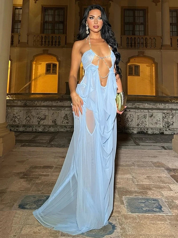 Chain Halter Backless Mini Dress for Women – Sheer Bodycon Party Dress