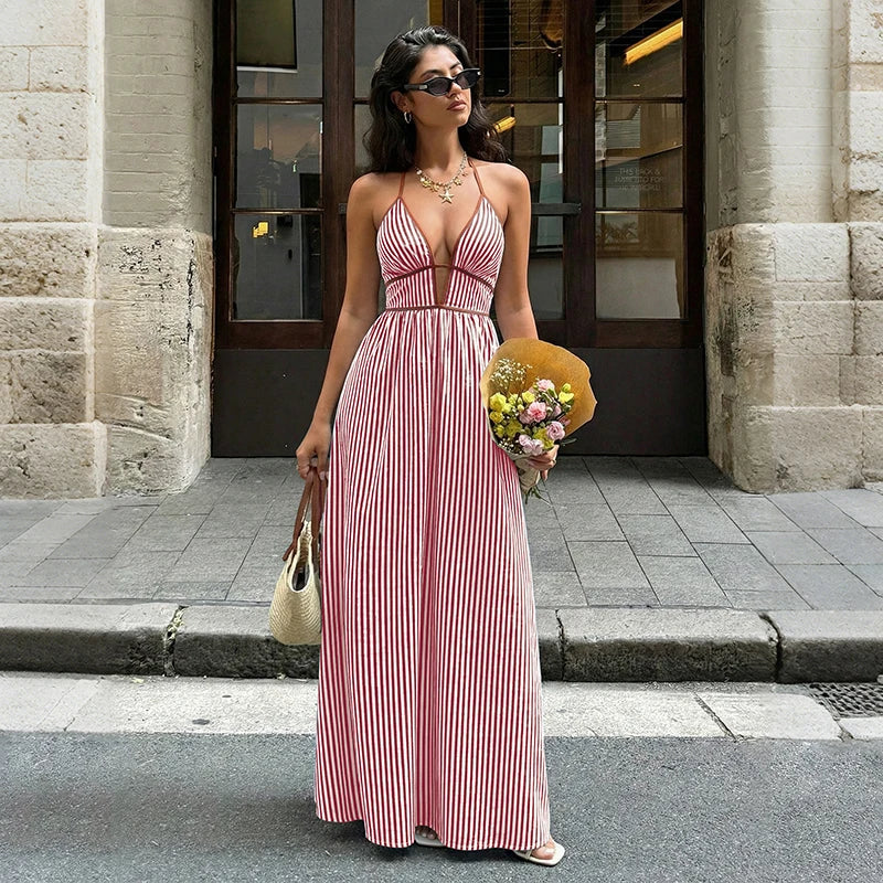 Off-Shoulder Hollow Out Maxi Beach Dress for Women – Sleeveless Backless Dress