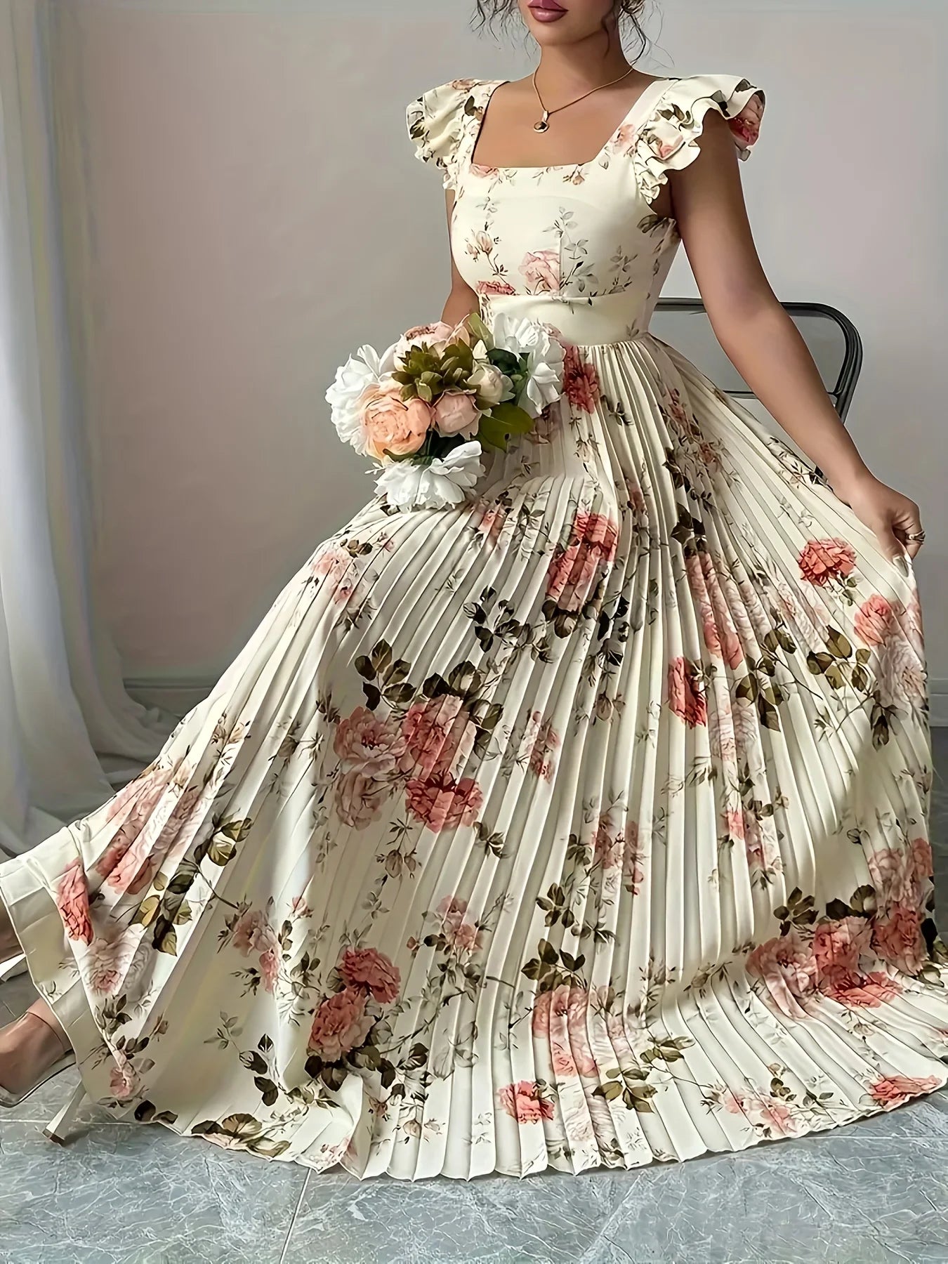 Floral Pleated Ruffle Midi Dress for Women – Square Neck High Waist Party Dress