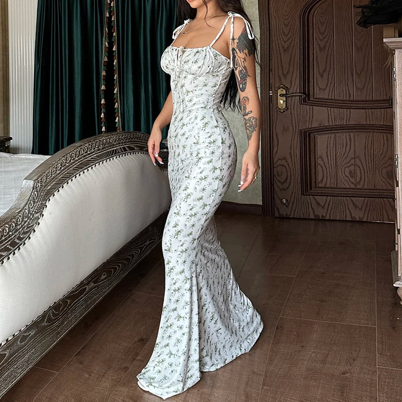 Floral Lace-Up Backless Maxi Dress for Women – Spaghetti Strap Knit Beach Dress