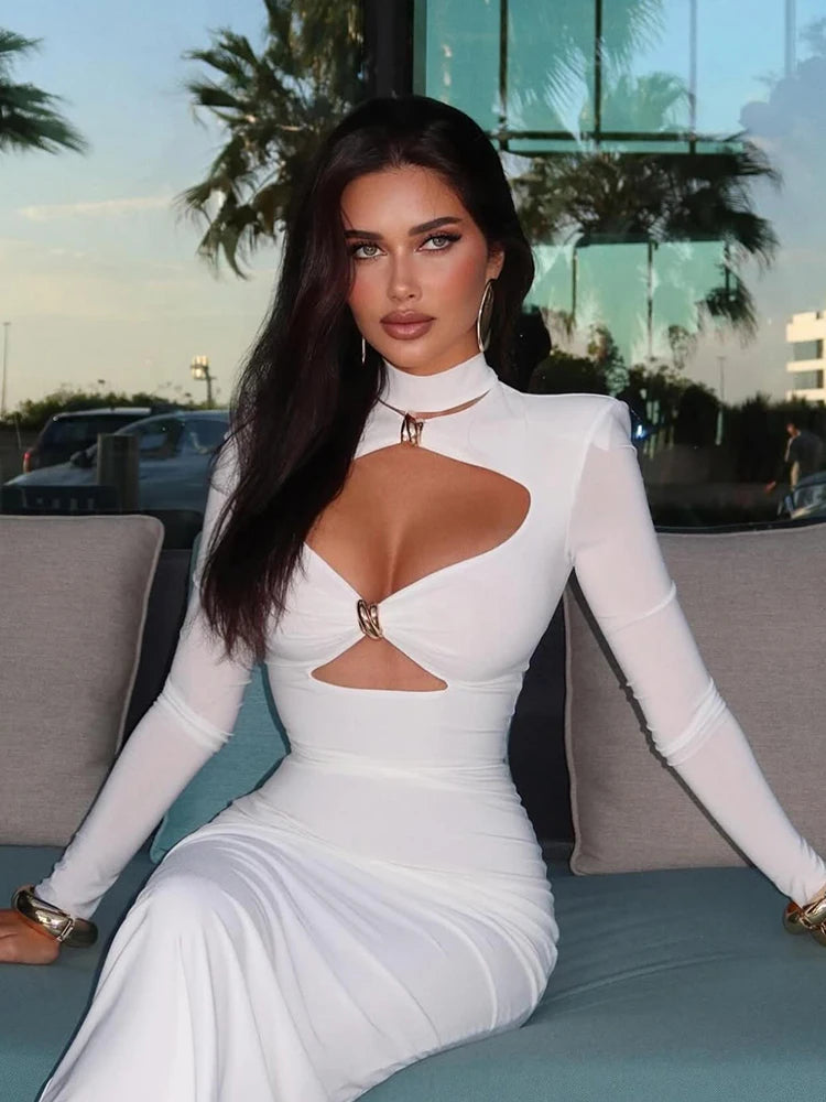 Turtleneck Hollow Out Sheath Maxi Dress for Women – Full Sleeve Evening Party Dress