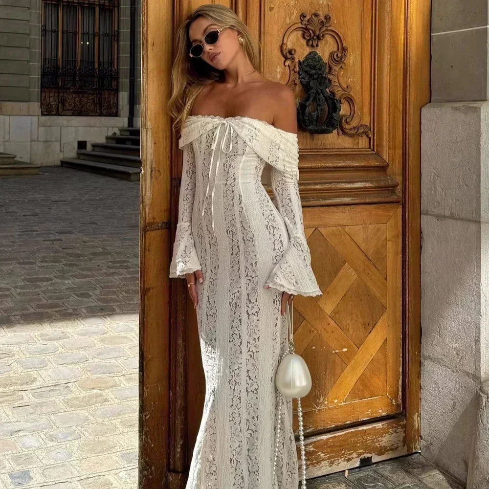 Off-Shoulder Lace Maxi Dress for Women – Long Sleeve Evening Gown