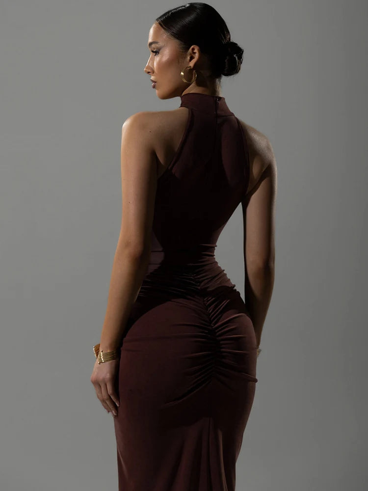 Halter Ruched Sleeveless Maxi Dress for Women – High Waist Split Evening Gown