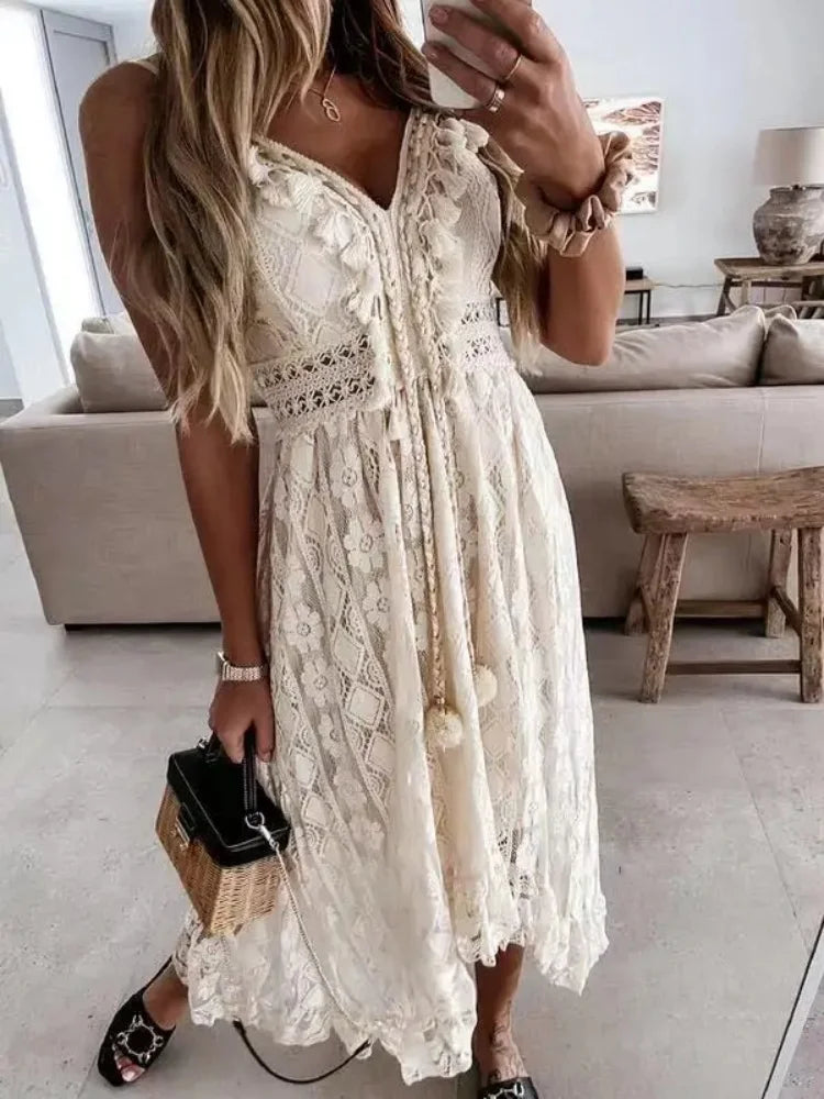 Lace V-Neck Sleeveless Maxi Beach Dress for Women – Hollow Out Summer Dress