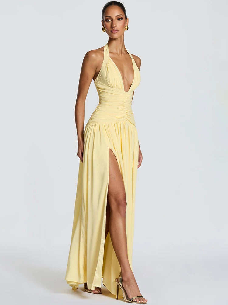 Halter V-Neck Pleated Maxi Dress for Women – Off-Shoulder High Split Evening Gown