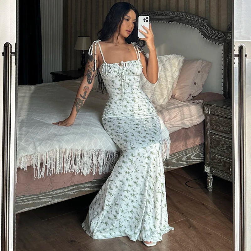 Floral Lace-Up Backless Maxi Dress for Women – Spaghetti Strap Knit Beach Dress