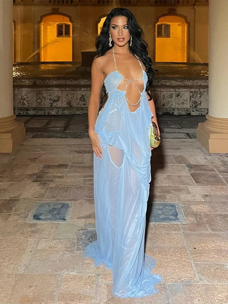 Chain Halter Backless Mini Dress for Women – Sheer Bodycon Party Dress