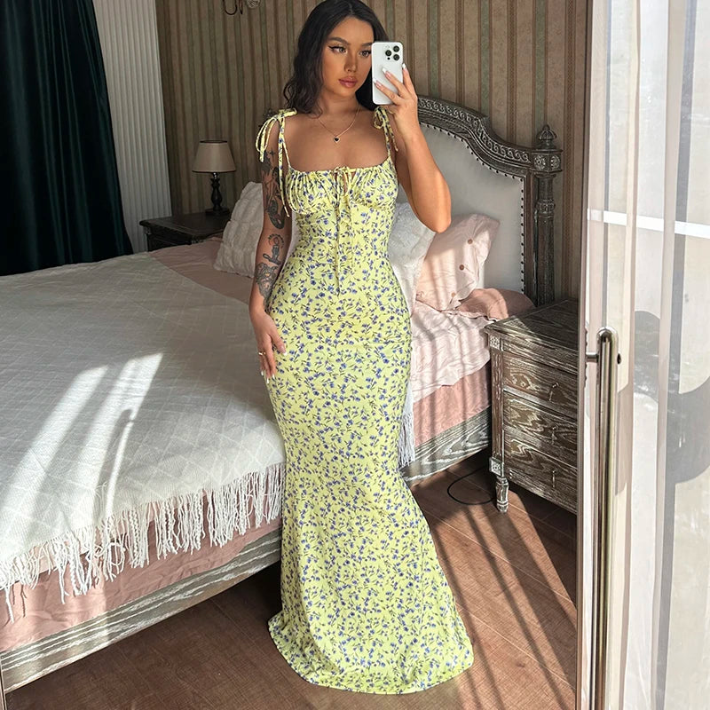 Floral Lace-Up Backless Maxi Dress for Women – Spaghetti Strap Knit Beach Dress