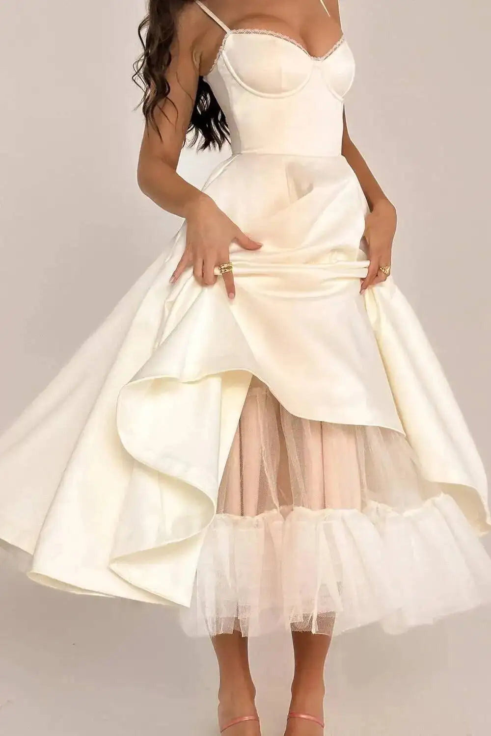 Satin Strapless Midi Dress for Women – Waist Cinching Party Dress