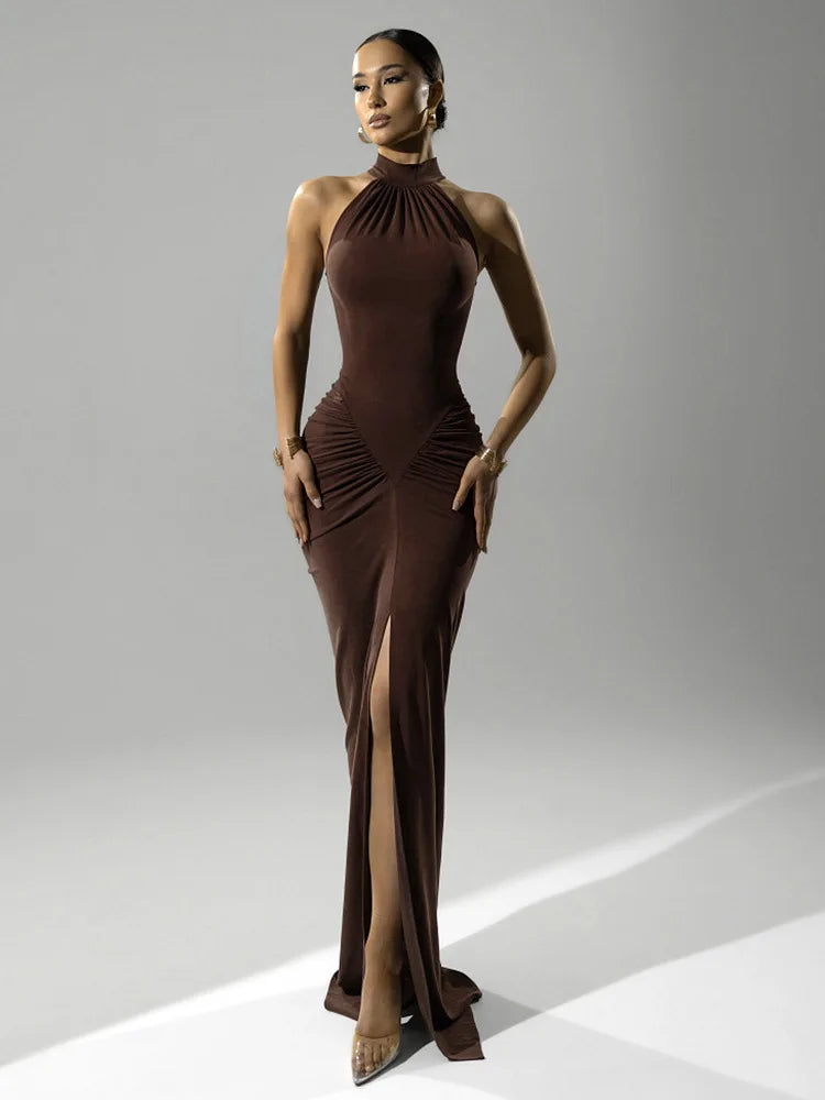Halter Ruched Sleeveless Maxi Dress for Women – High Waist Split Evening Gown