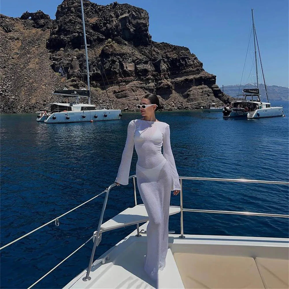 Mesh See-Through Beach Cover Up for Women – Long Sleeve Backless Maxi Dress