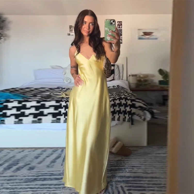 Satin Backless Maxi Dress for Women – V-Neck Slip Evening Gown – Yellow