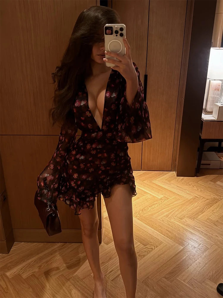 Floral Ruffle V-Neck Mini Dress for Women – Full Sleeve A-Line Club Dress