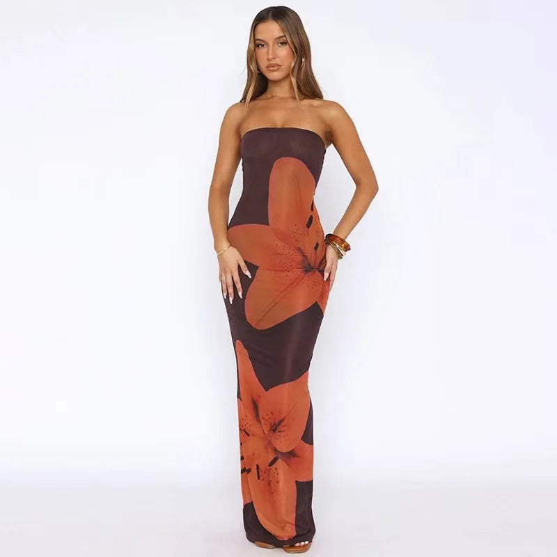 Floral Print Strapless Backless Maxi Dress for Women – Summer Beach Holiday Dress