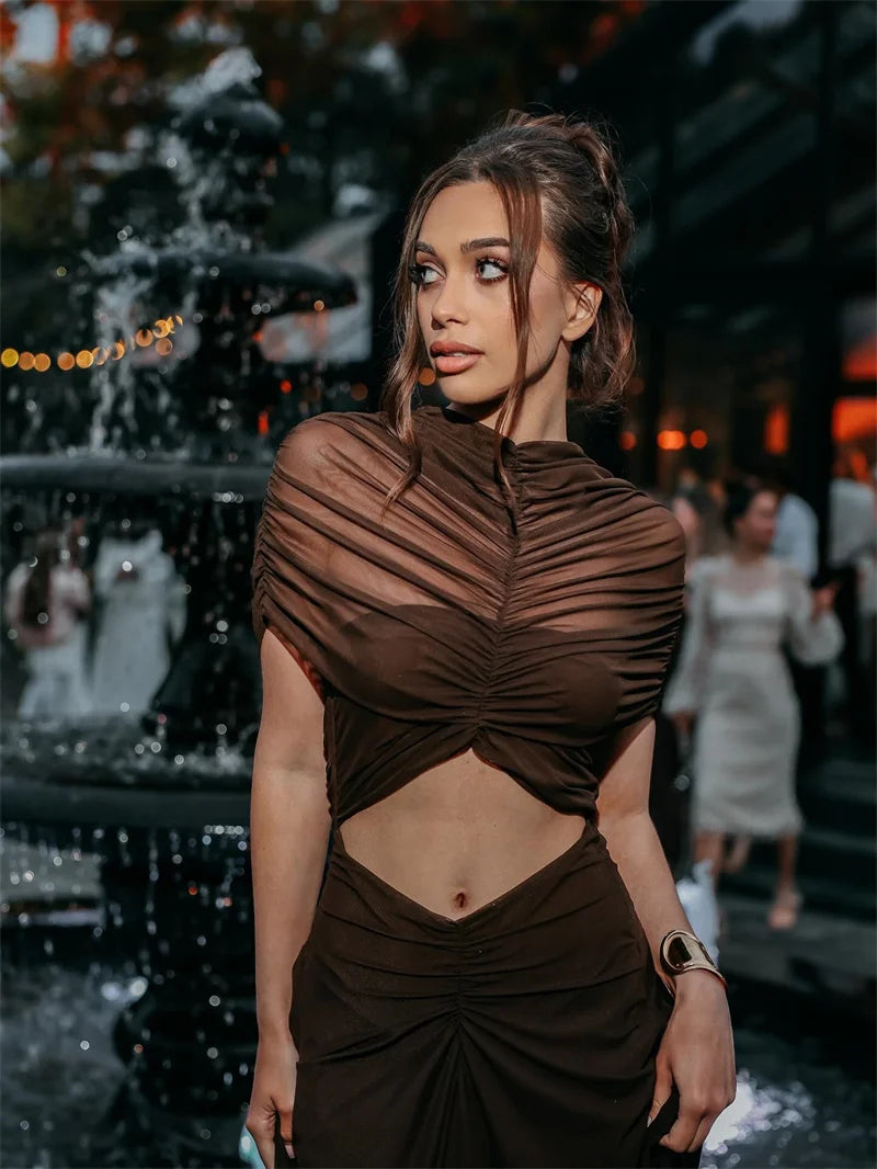 Ruched Hollow Out Bodycon Maxi Dress for Women – Short Sleeve Evening Party Dress