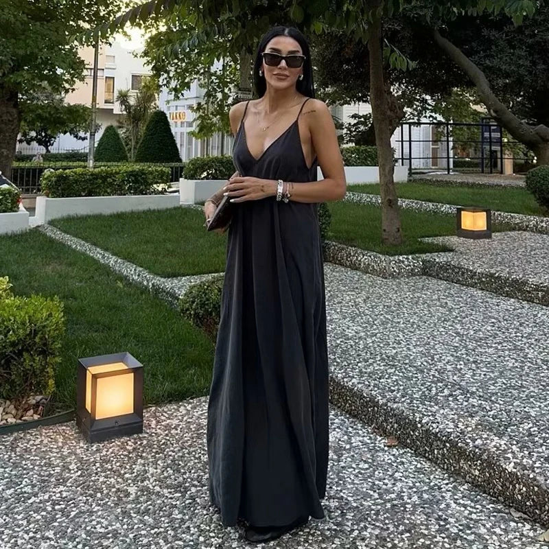 Slip Backless Draped Maxi Dress for Women – Spaghetti Strap Summer Beach Dress