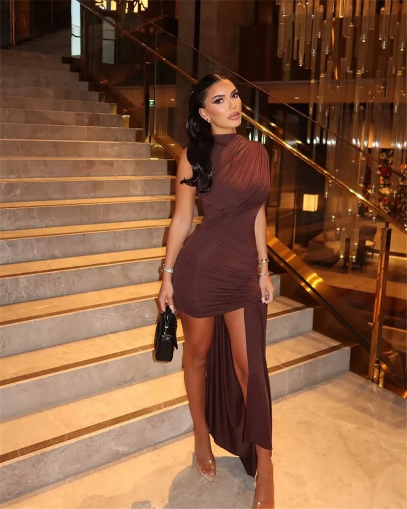 Draped Ruched Turtleneck Mini Dress for Women – Sleeveless Bodycon Party Dress