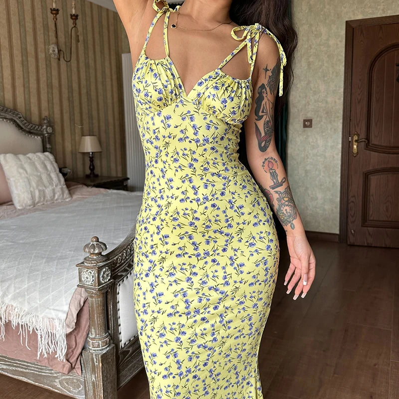 Floral Lace-Up Backless Maxi Dress for Women – Spaghetti Strap Knit Beach Dress