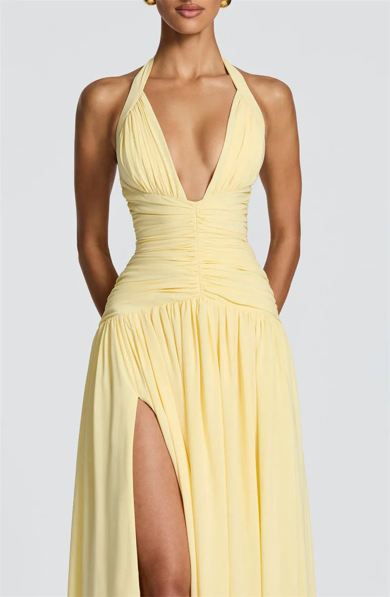 Halter V-Neck Pleated Maxi Dress for Women – Off-Shoulder High Split Evening Gown