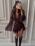 Floral Ruffle V-Neck Mini Dress for Women – Full Sleeve A-Line Club Dress