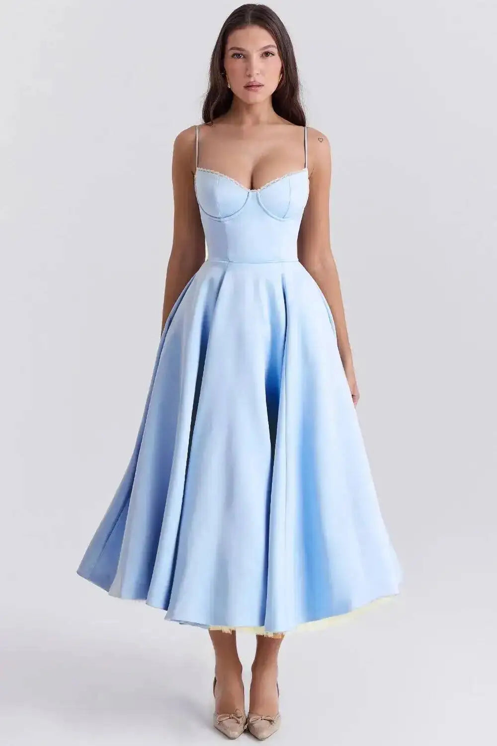 Satin Strapless Midi Dress for Women – Waist Cinching Party Dress