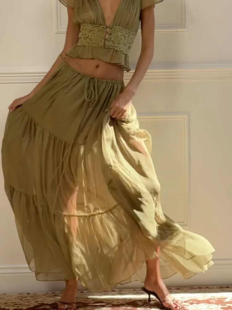 Floral Lace Two-Piece Skirt Set for Women – V-Neck Belted A-Line Summer Outfit