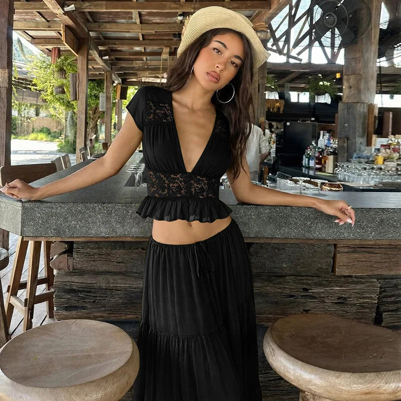 Floral Lace Two-Piece Skirt Set for Women – V-Neck Belted A-Line Summer Outfit