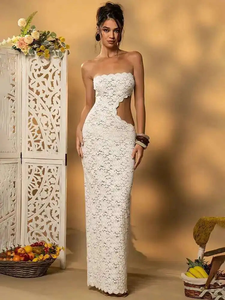 Lace Strapless Backless Maxi Dress for Women – Off-Shoulder Bodycon Evening Gown