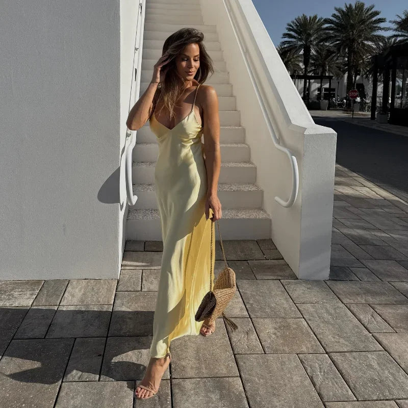 Satin Backless Maxi Dress for Women – V-Neck Slip Evening Gown – Yellow