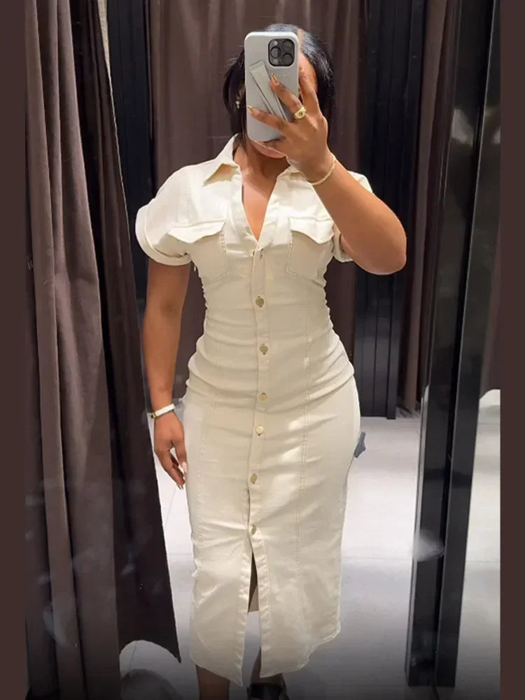 Denim Shirt Dress for Women – Short Sleeve Button-Down Midi Dress
