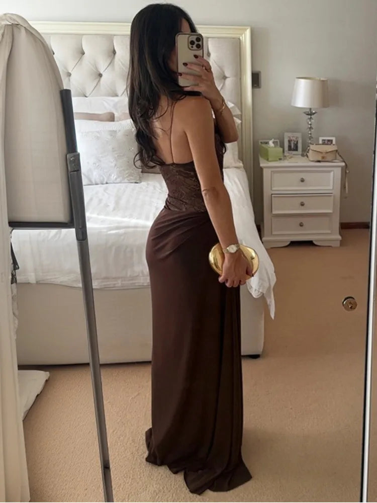 One Shoulder Lace Maxi Dress for Women – Backless Sleeveless Evening Gown