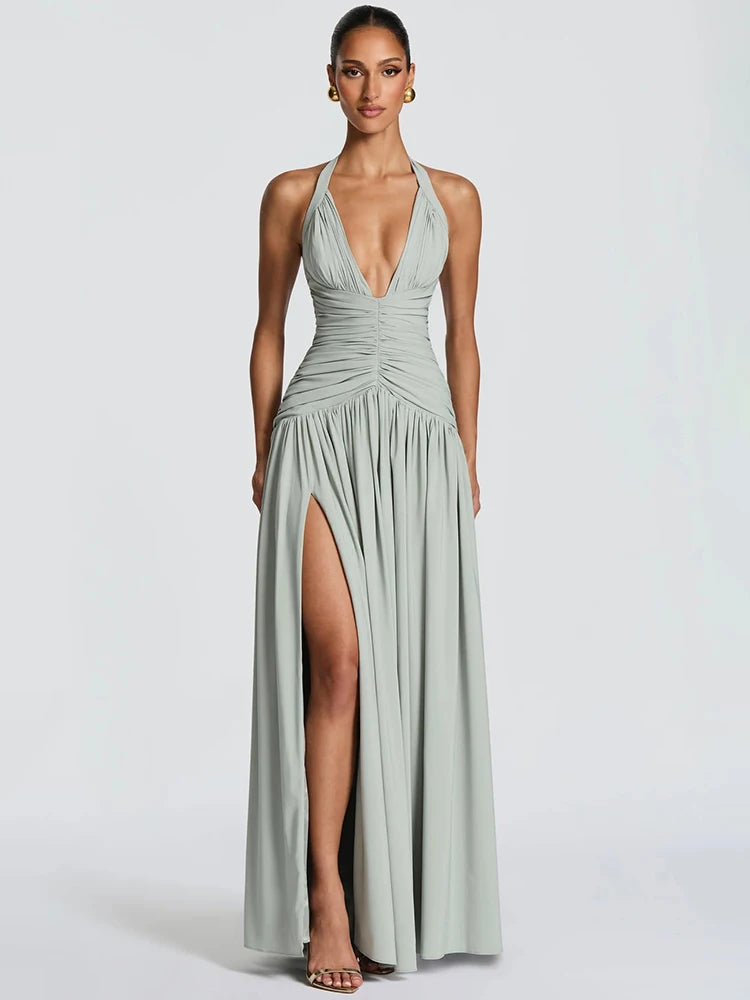 Halter V-Neck Pleated Maxi Dress for Women – Off-Shoulder High Split Evening Gown