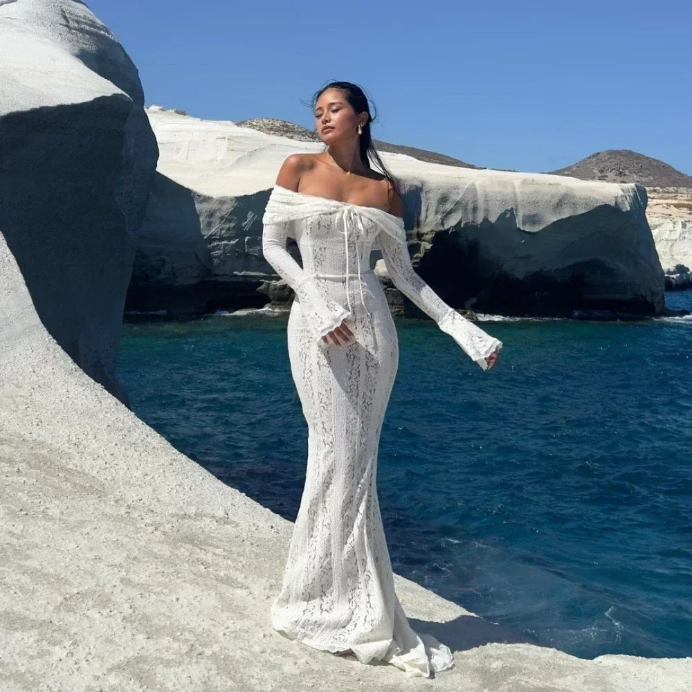 Off-Shoulder Lace Maxi Dress for Women – Long Sleeve Evening Gown