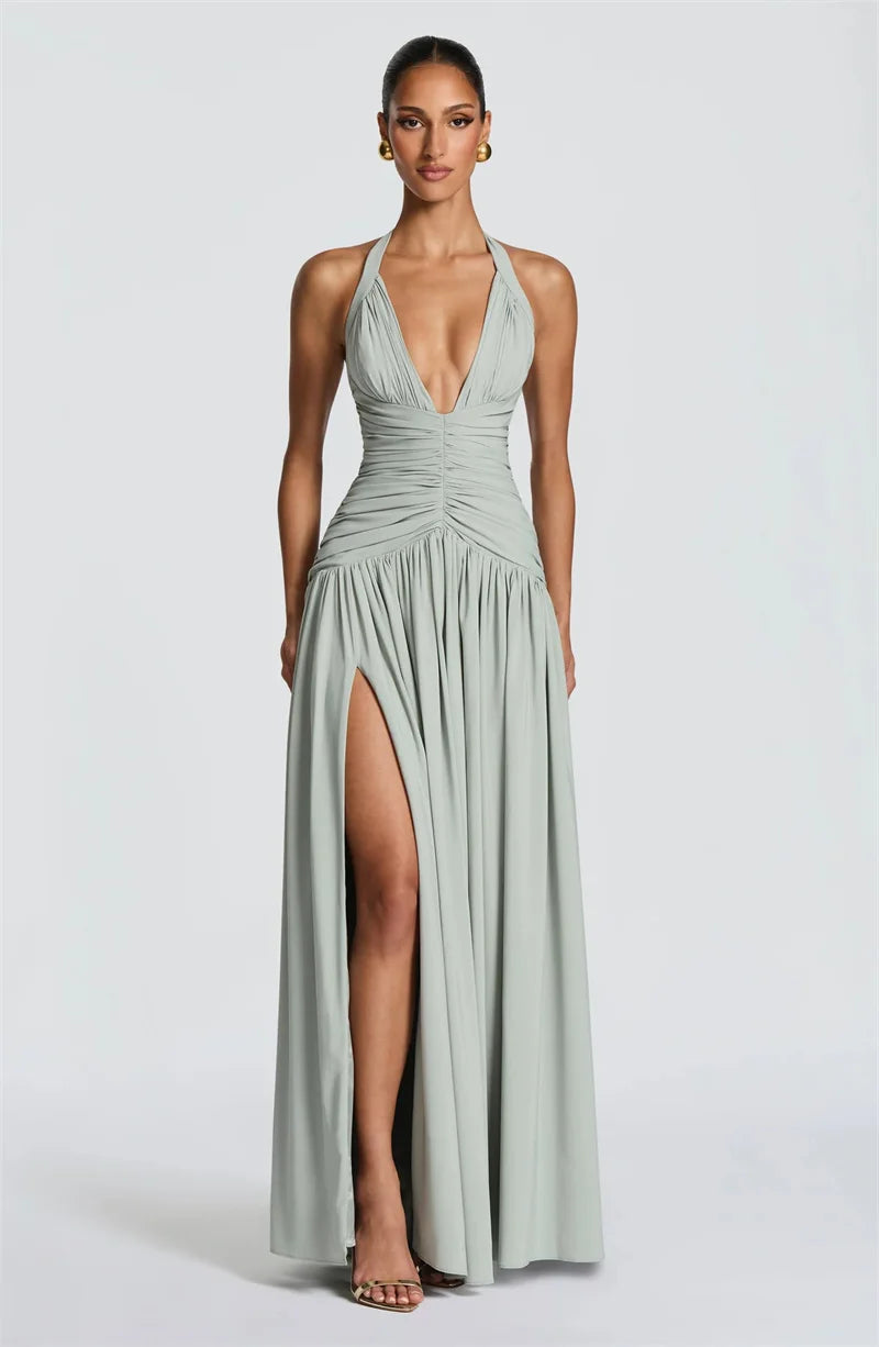 Halter V-Neck Pleated Maxi Dress for Women – Off-Shoulder High Split Evening Gown