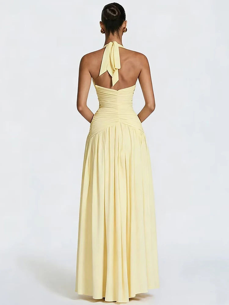 Halter V-Neck Pleated Maxi Dress for Women – Off-Shoulder High Split Evening Gown