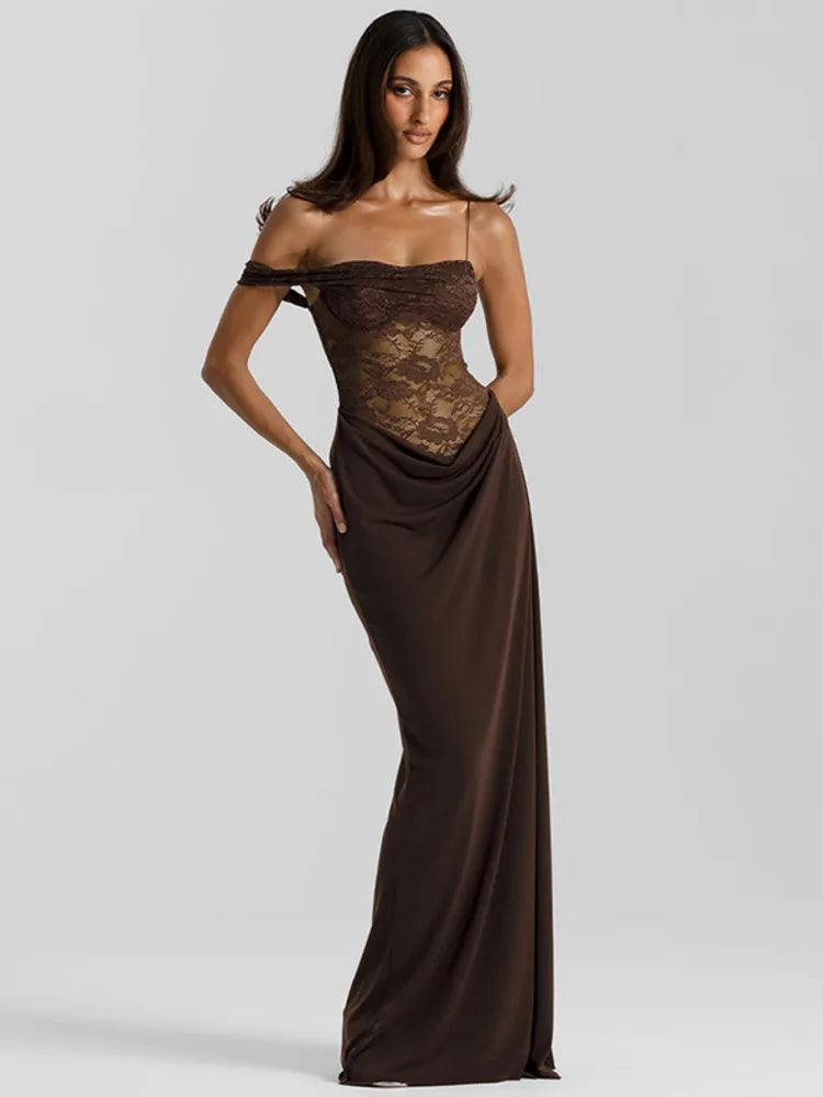One Shoulder Lace Maxi Dress for Women – Backless Sleeveless Evening Gown