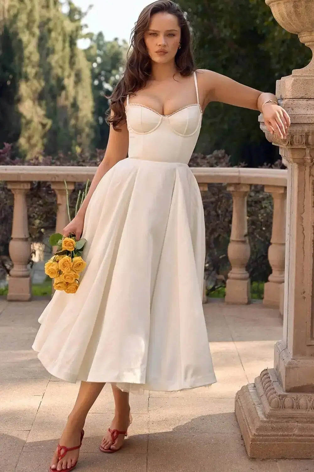 Satin Strapless Midi Dress for Women – Waist Cinching Party Dress